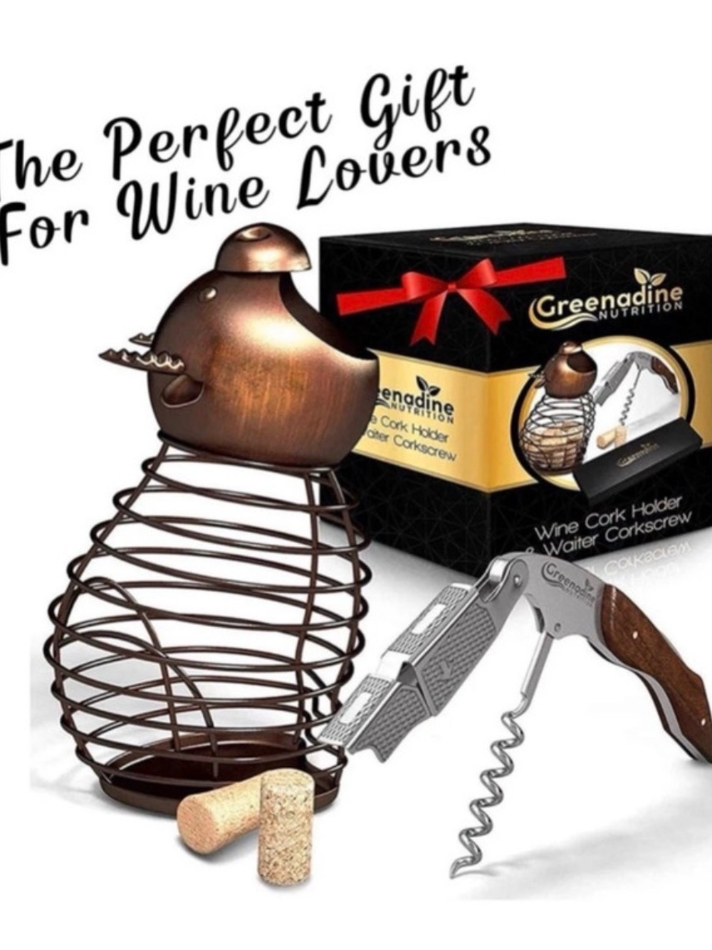 Amazon Bronze Bird Wire Wine Cork Holder with Silver Waiter Corkscrew